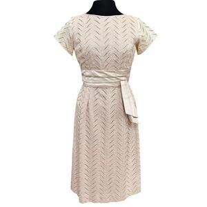 Small Wonders Vintage 1960's‎ Eyelet Midi Dress Cap Sleeve Belted Beige Size 14